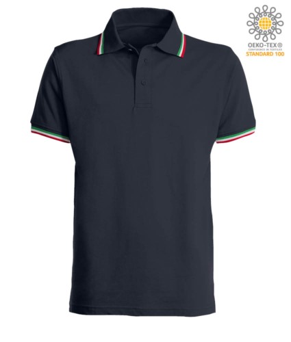 Shortsleeved polo shirt with italian piping on collar and cuffs, in cotton. Blue colour