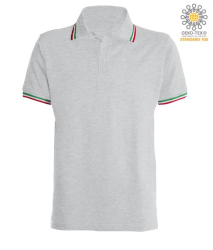 Shortsleeved polo shirt with italian piping on collar and cuffs, in cotton. melange grey colour