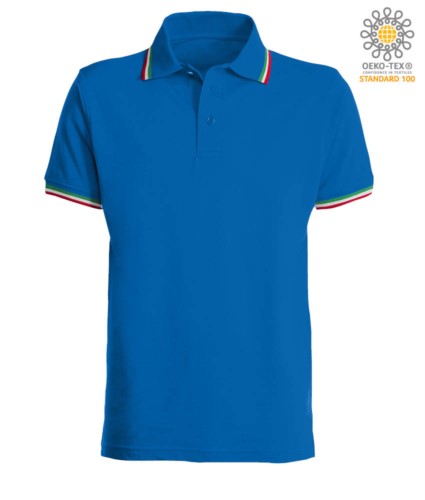 Shortsleeved polo shirt with italian piping on collar and cuffs, in cotton. royal blue colour