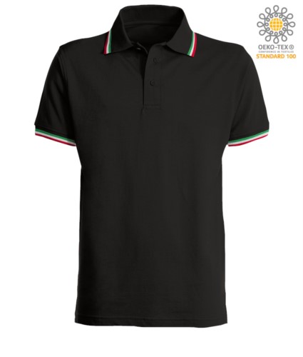Shortsleeved polo shirt with italian piping on collar and cuffs, in cotton. black colour