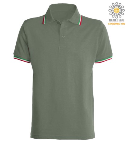 Shortsleeved polo shirt with italian piping on collar and cuffs, in cotton. military green colour