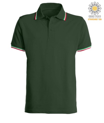 Shortsleeved polo shirt with italian piping on collar and cuffs, in cotton. green colour
