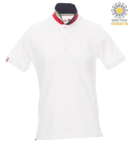 Short sleeve cotton pique polo shirt, contrasting three color collar visible on raised collar. Colour white/Italy