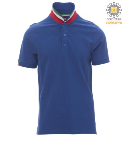Short sleeve cotton pique polo shirt, contrasting three color collar visible on raised collar. Colour Royal blue / Italy