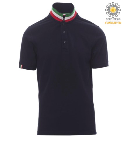 Short sleeve cotton pique polo shirt, contrasting three color collar visible on raised collar. Colour navy blue/Italy