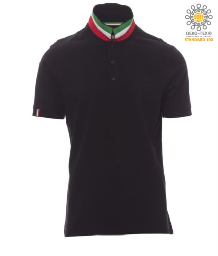 Short sleeve cotton pique polo shirt, contrasting three color collar visible on raised collar. Colour black/Italy