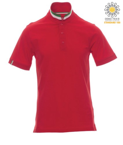Short sleeve cotton pique polo shirt, contrasting three color collar visible on raised collar. Colour red/Italy