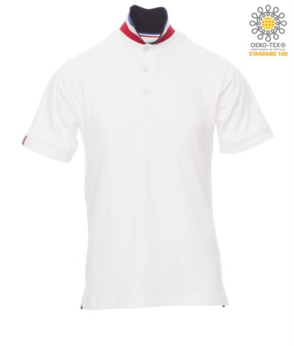 Short sleeve cotton pique polo shirt, contrasting three color collar visible on raised collar. Colour White/ France