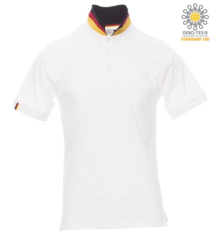 Short sleeve cotton pique polo shirt, contrasting three color collar visible on raised collar. Colour White/Germany