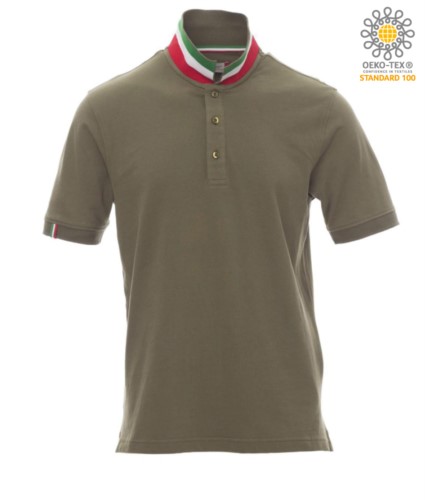 Short sleeve cotton pique polo shirt, contrasting three color collar visible on raised collar. Colour Militar green / Italy