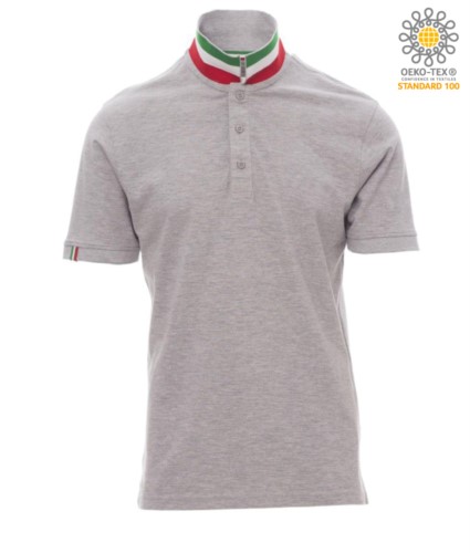 Short sleeve cotton pique polo shirt, contrasting three color collar visible on raised collar. Colour Melange grey/ Italy