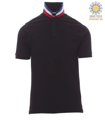 Short sleeve cotton pique polo shirt, contrasting three color collar visible on raised collar. Colour black/ France