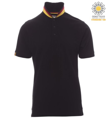 Short sleeve cotton pique polo shirt, contrasting three color collar visible on raised collar. Colour Black/ Germany