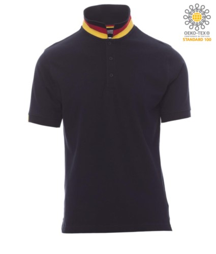 Short sleeve cotton pique polo shirt, contrasting three color collar visible on raised collar. Colour Navy blue /Germany