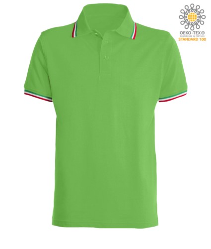 Shortsleeved polo shirt with italian piping on collar and cuffs, in cotton. light green colour