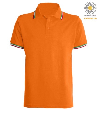 Shortsleeved polo shirt with italian piping on collar and cuffs, in cotton. orange colour