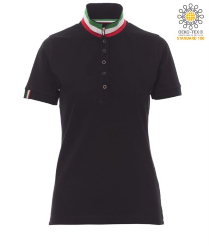 Women short sleeved polo shirt in cotton piquet, collar with contrasting three-coloured visible on the raised collar. Colour Black / Italien