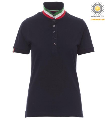 Women short sleeved polo shirt in cotton piquet, collar with contrasting three-coloured visible on the raised collar. Colour Navy Blue / Italy