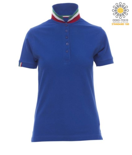 Women short sleeved polo shirt in cotton piquet, collar with contrasting three-coloured visible on the raised collar. Colour Royal blue / Italy