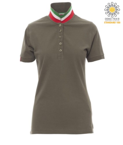 Women short sleeved polo shirt in cotton piquet, collar with contrasting three-coloured visible on the raised collar. Colour Militar green / Italy