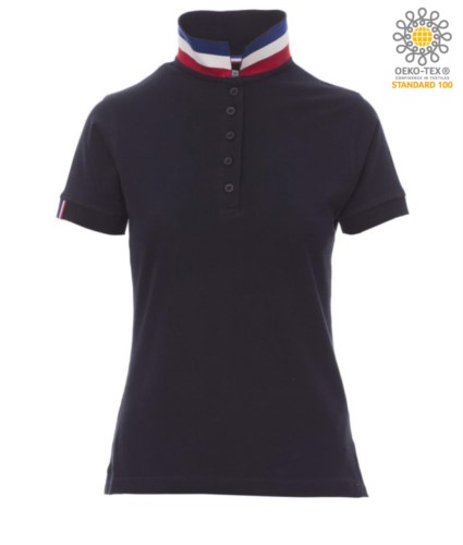 Women short sleeved polo shirt in cotton piquet, collar with contrasting three-coloured visible on the raised collar. Colour Navy Blue / France