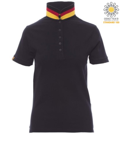 Women short sleeved polo shirt in cotton piquet, collar with contrasting three-coloured visible on the raised collar. Colour Navy blue / France