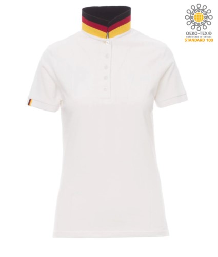 Women short sleeved polo shirt in cotton piquet, collar with contrasting three-coloured visible on the raised collar. Colour White / Germany