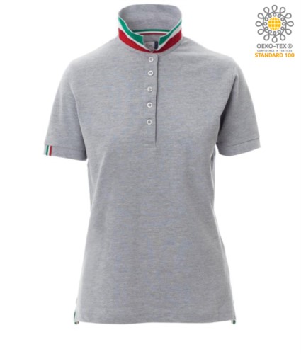 Women short sleeved polo shirt in cotton piquet, collar with contrasting three-coloured visible on the raised collar. Colour Melange grey/ Italy