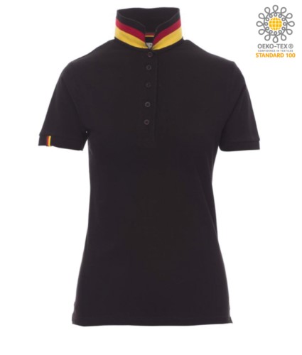 Women short sleeved polo shirt in cotton piquet, collar with contrasting three-coloured visible on the raised collar. Colour Black/ Germany