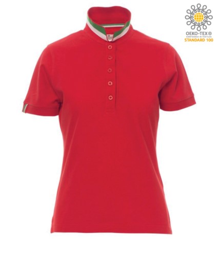Women short sleeved polo shirt in cotton piquet, collar with contrasting three-coloured visible on the raised collar. Colour Red / Italy