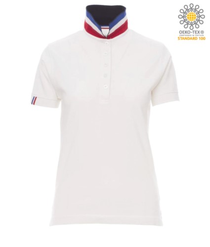 Women short sleeved polo shirt in cotton piquet, collar with contrasting three-coloured visible on the raised collar. Colour White / France