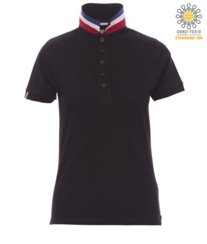 Women short sleeved polo shirt in cotton piquet, collar with contrasting three-coloured visible on the raised collar. Colour Black/ France