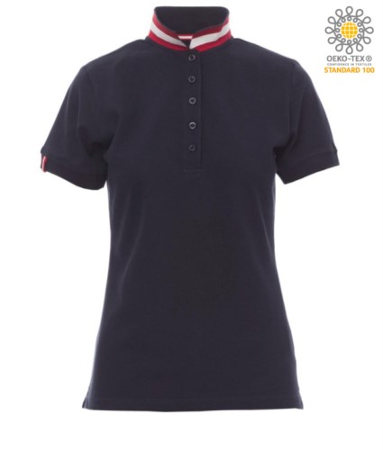 Women short sleeved polo shirt in cotton piquet, collar with contrasting three-coloured visible on the raised collar. Colour blue/Austria