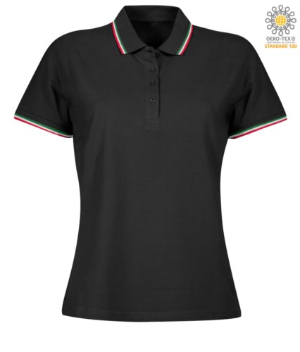 Women Shortsleeved polo shirt with italian piping on collar and cuffs, in cotton. Colour black