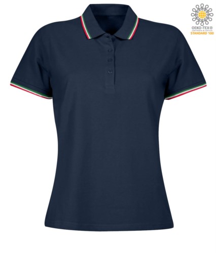Women Shortsleeved polo shirt with italian piping on collar and cuffs, in cotton. Colour navy blue