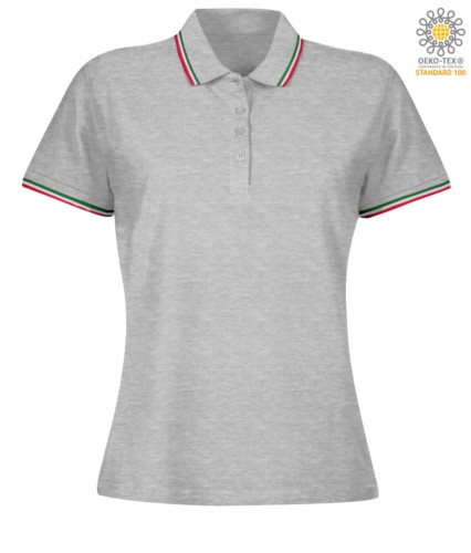Women Shortsleeved polo shirt with italian piping on collar and cuffs, in cotton. Colour melange grey
