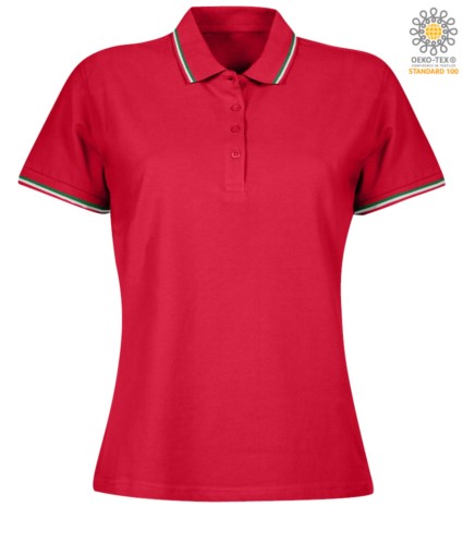 Women Shortsleeved polo shirt with italian piping on collar and cuffs, in cotton. Colour red