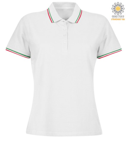 Women Shortsleeved polo shirt with italian piping on collar and cuffs, in cotton. Colour white