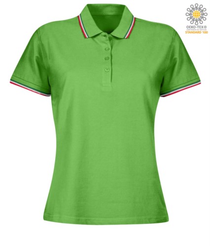 Women Shortsleeved polo shirt with italian piping on collar and cuffs, in cotton. Colour light green