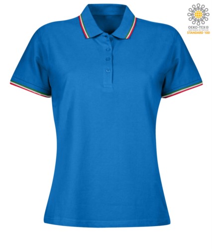 Women Shortsleeved polo shirt with italian piping on collar and cuffs, in cotton. Colour royal blue