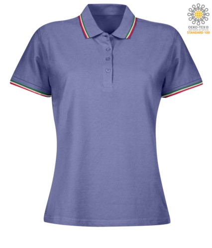 Women Shortsleeved polo shirt with italian piping on collar and cuffs, in cotton. Colour light purple