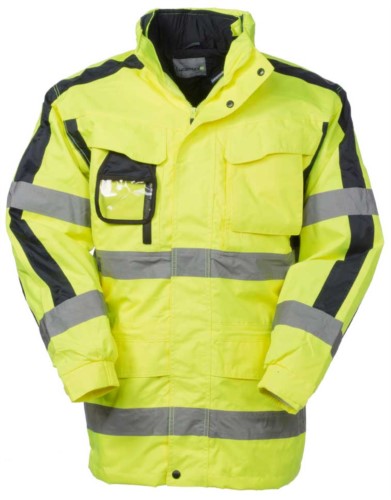 Triple use jacket: waterproof outer, padded inner jacket with removable sleeves with the possibility of separate use. Double band on waist and sleeves, contrasting details on the sleeves. EN 343 and EN 20471 certified, colour yellow