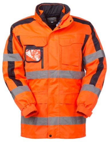 Triple use jacket: waterproof outer, padded inner jacket with removable sleeves with the possibility of separate use. Double band on waist and sleeves, contrasting details on the sleeves. EN 343 and EN 20471 certified, colour orange