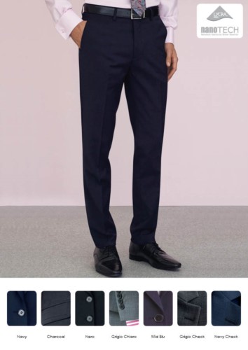 Elegant slim fit men trousers, two welt pockets, wool, polyester and lycra fabric with stain-resistant treatment. Get a free quote.