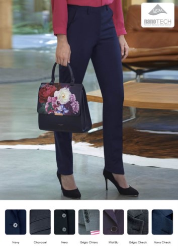 Elegant trousers for women slim fit model, polyester fabric and wool, with stain-resistant treatment. Ideal for receptionists, hostesses, hoteliers.
