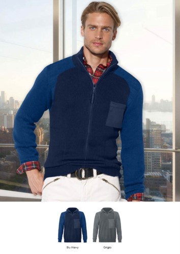 Men high neck sweater, long zip, shoulder and elbow patches, two waist pockets, 100% acrylic fabric