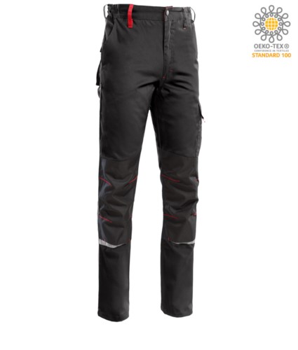 Two tone multi pocket trousers, refractive piping below the knee. Color black/red