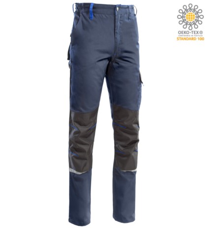 Two tone multi pocket trousers, refractive piping below the knee. Color Blue/Blue Royal