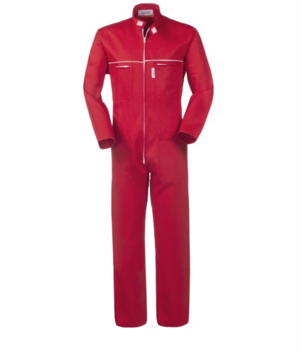 100% Cotton full length workwear with zip closure and Korean collar. Mouse tail on the chest, two chest pockets, color red 