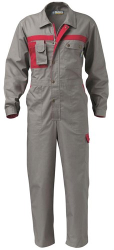 Overalls, multi-pocket, two-tone. Central button closure. Colour: grey and red 